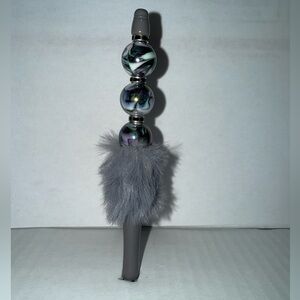 Handmade Beaded Pen- Gray Pen with Multicolor marble resin beads with Fur base